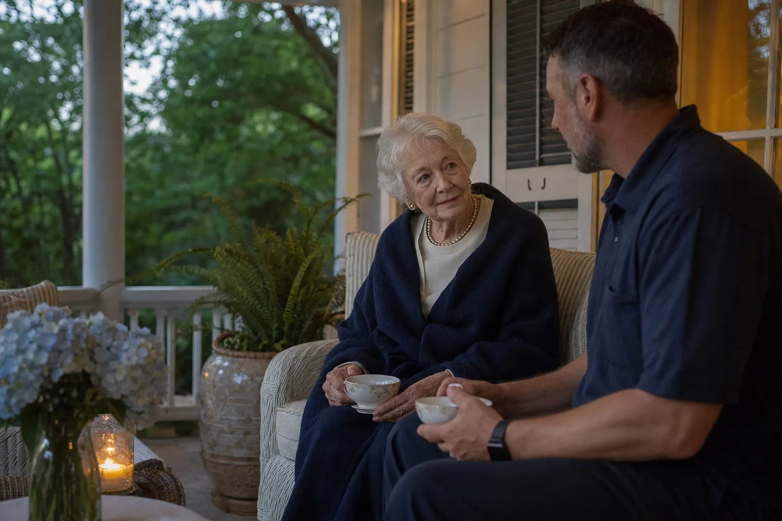 Older adult talking with a caregiver on a porch
