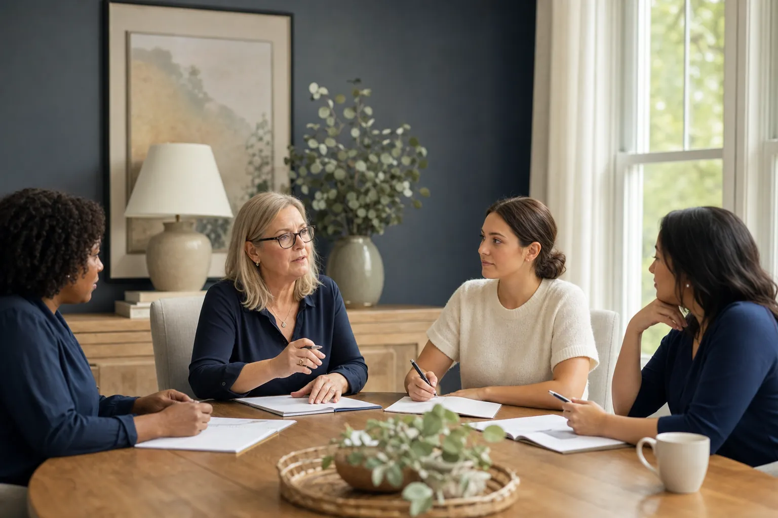 Care team members talking with an older adult and family member at home