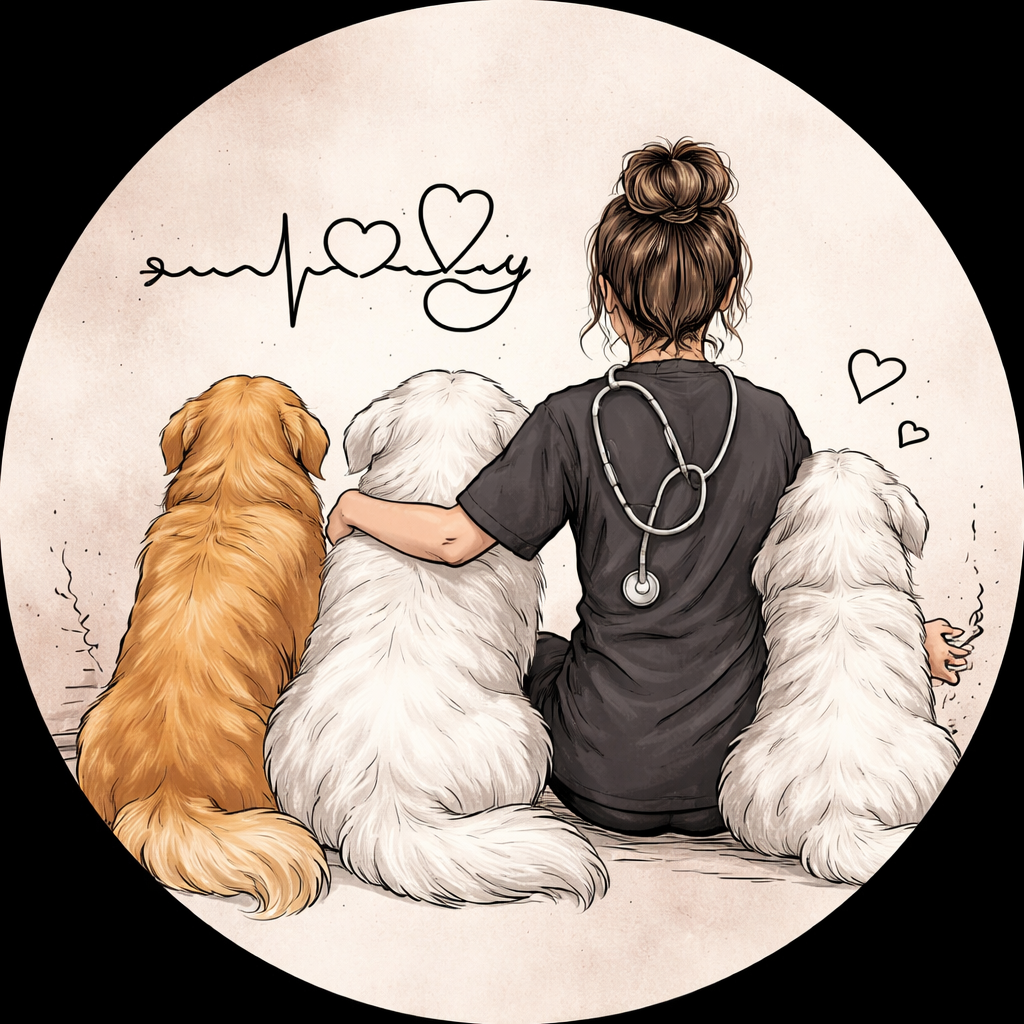 Illustration of a nurse sitting with three dogs