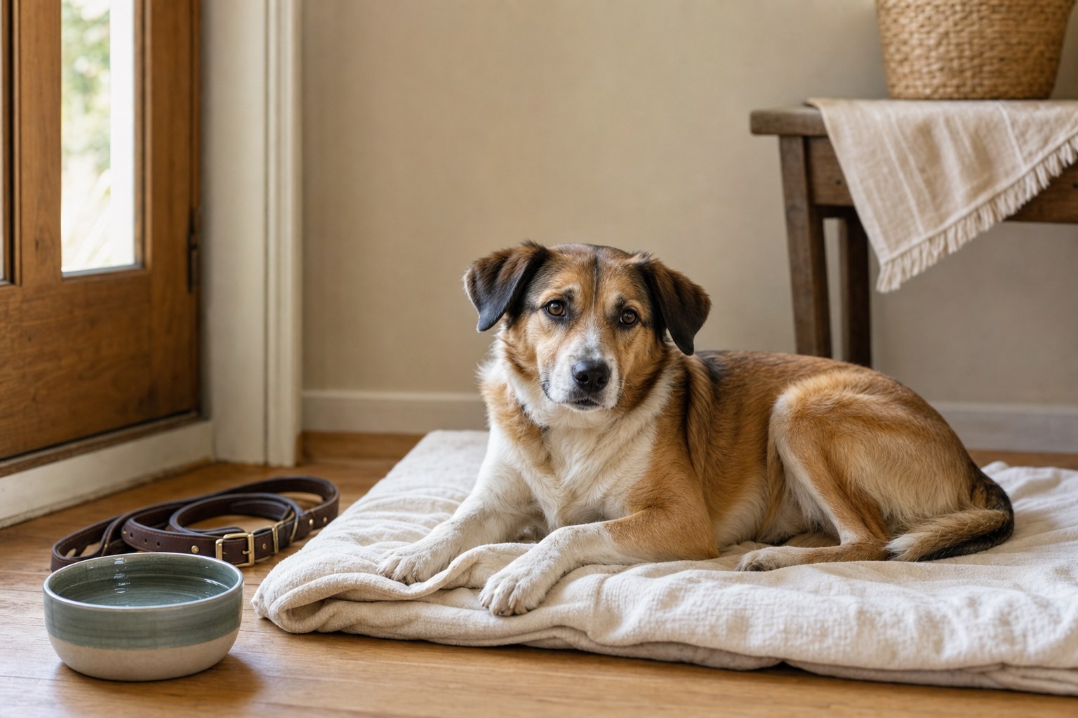 A rescue dog resting calmly on a blanket beside a water bowl
