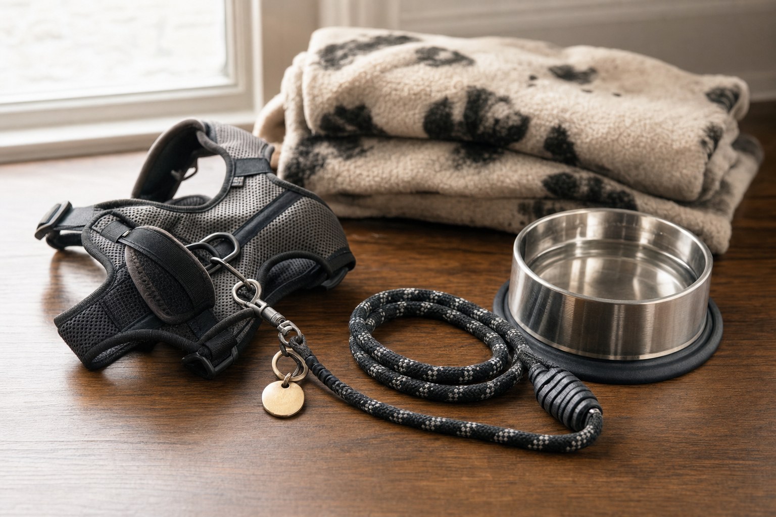 A harness, leash, ID tag, water bowl, and blanket prepared for a new dog