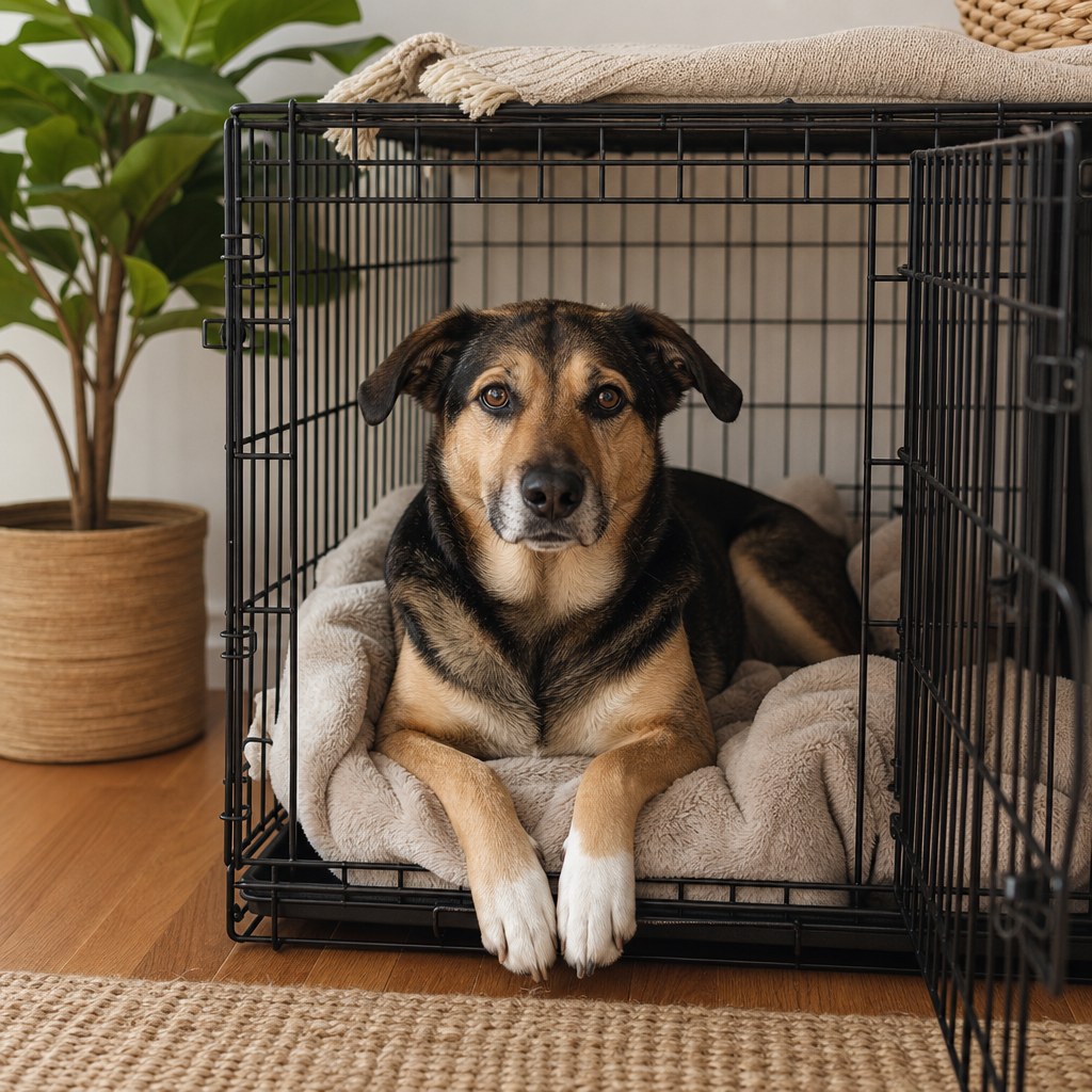 A rescue dog resting in an open crate with a blanket in a quiet home corner