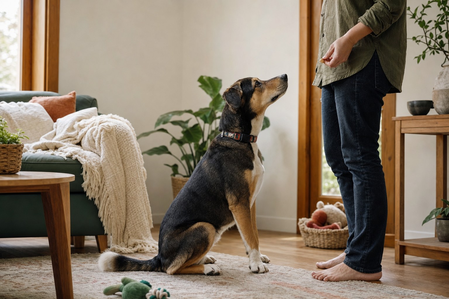 A rescue dog calmly practicing a sit cue with their guardian at home