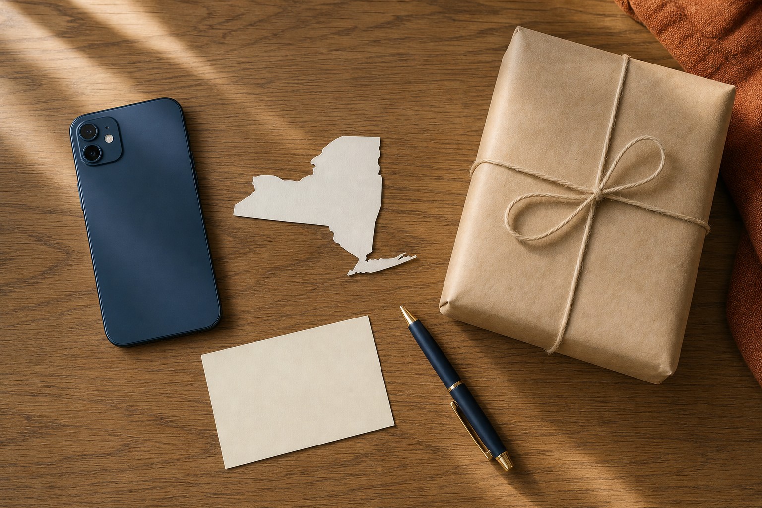 Unbranded phone, New York paper outline and parcel arranged on a wooden table
