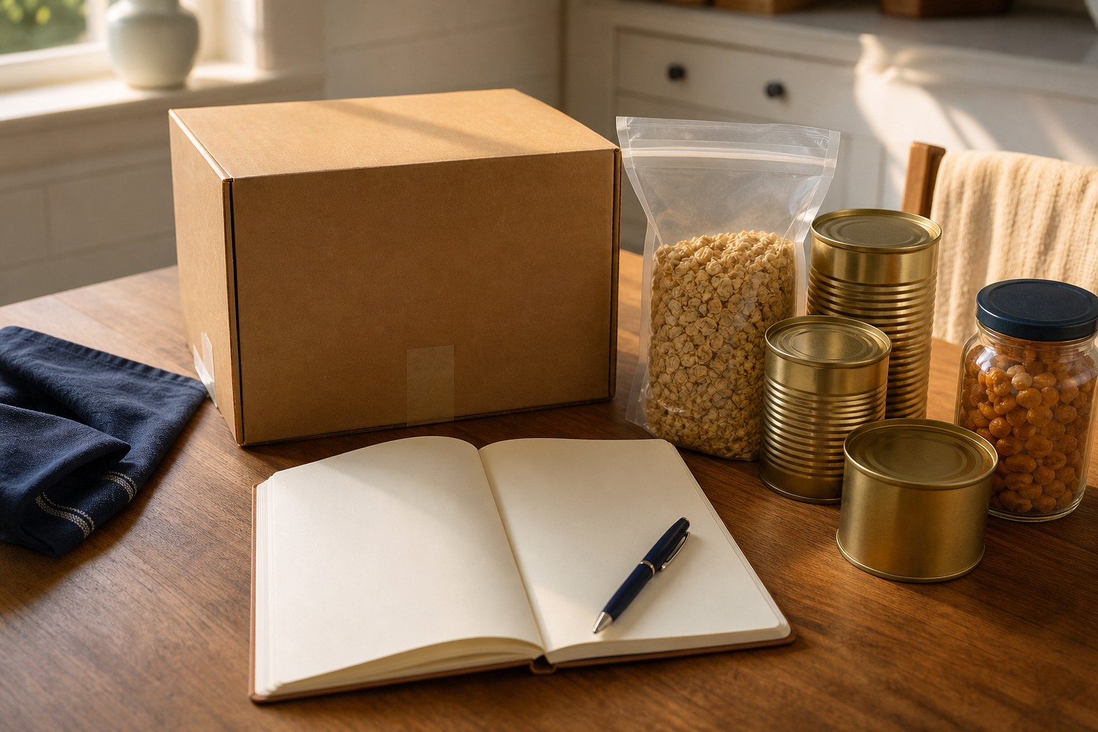 Unbranded parcel, pantry items and open notebook prepared for an order review