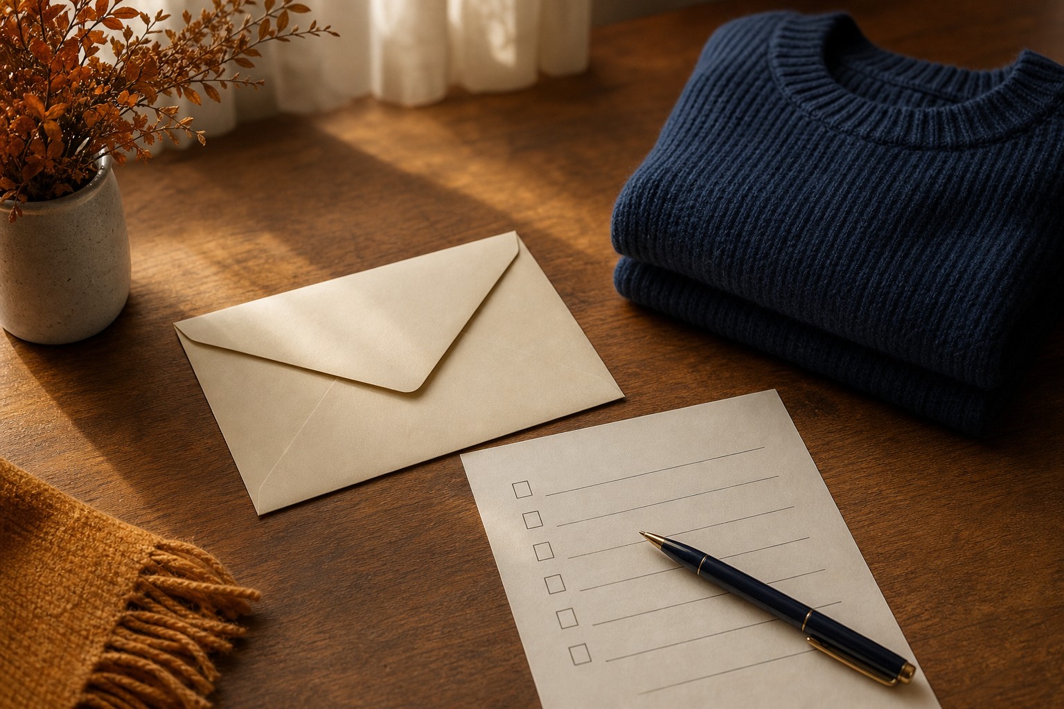 Checklist, envelope and folded sweater prepared on a table