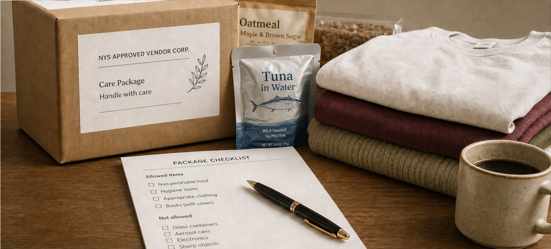 Care package with a tuna pouch, folded clothing and package checklist