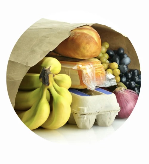 Approved food package with fresh fruit and pantry essentials