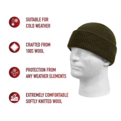 100% Wool Watch Cap (Olive Green) view 2