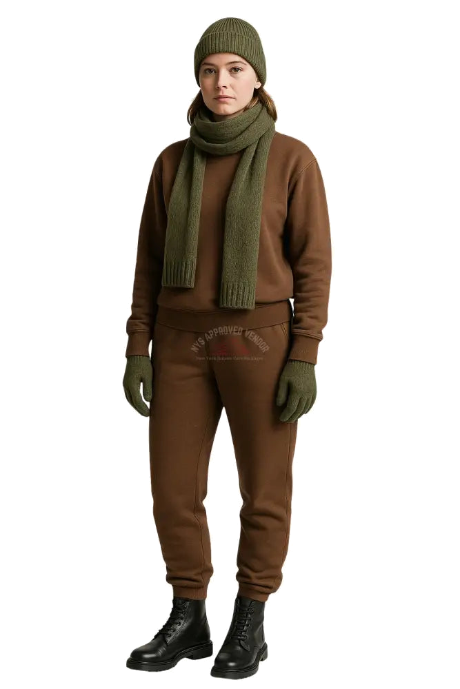 Wool Hat Scarf Gloves and Sweatsuit Set (Brown Sweatsuit & Moss Green Hat Scarf & Glove set Sweatsuit w/Hat Scarf &