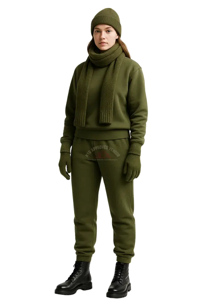 Wool Hat Scarf Gloves and Sweatsuit Set (Olive Green Sweatsuit & Moss Green Hat Scarf & Glove set Black Hat / Black