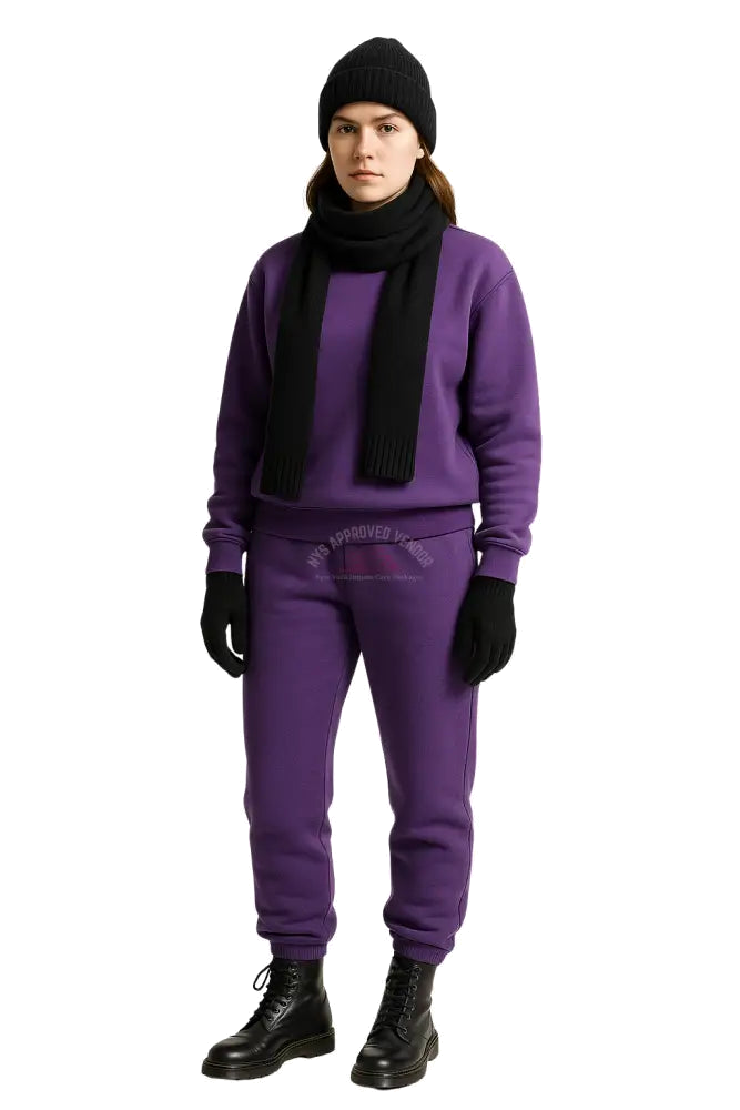 Wool Hat Scarf Gloves and Sweatsuit Set (Purple Sweatsuit & Black Hat Scarf & Glove set Moss Green Hat / Moss Green
