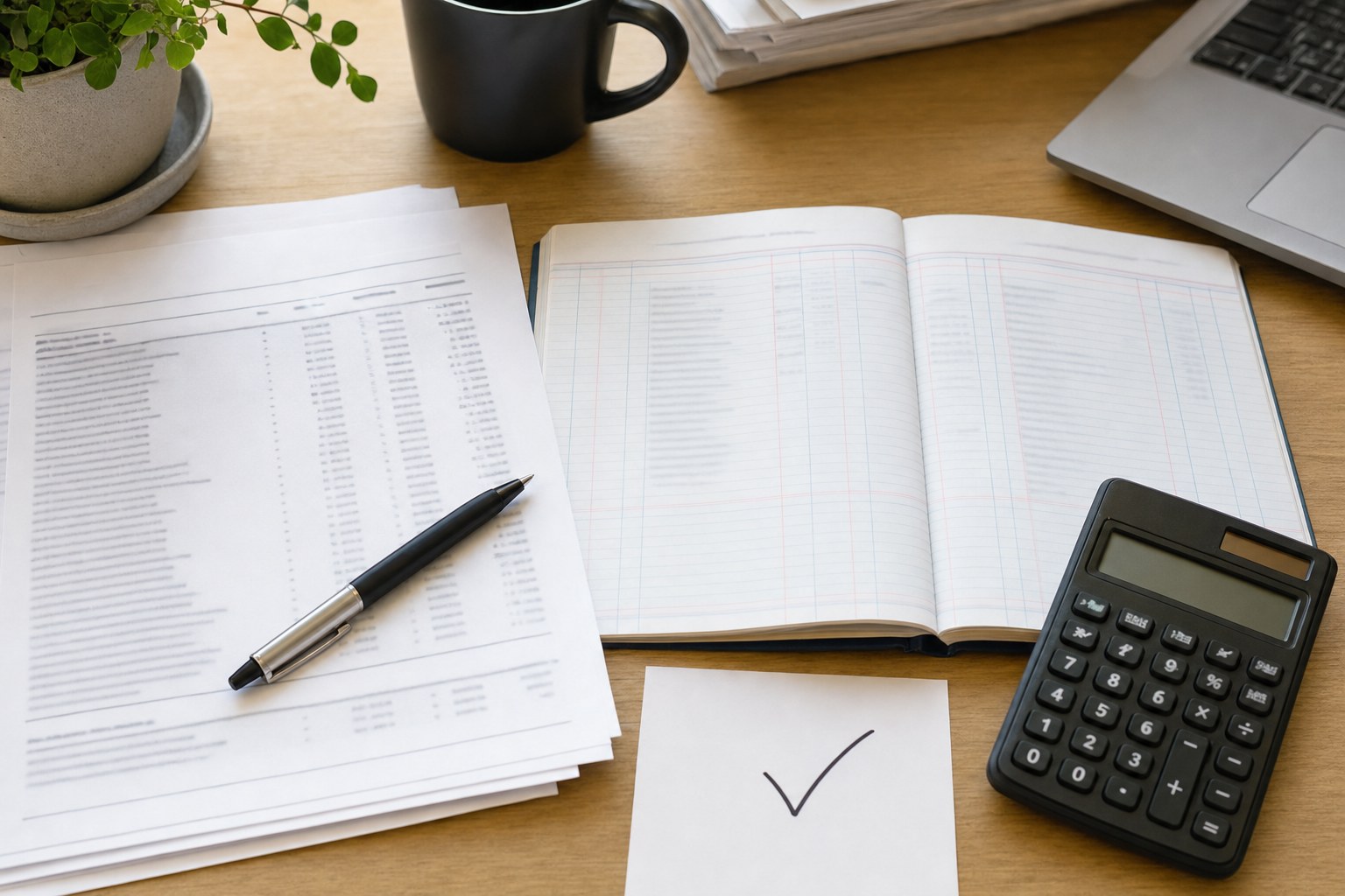 Ledger, calculator, and statement used to reconcile business accounts