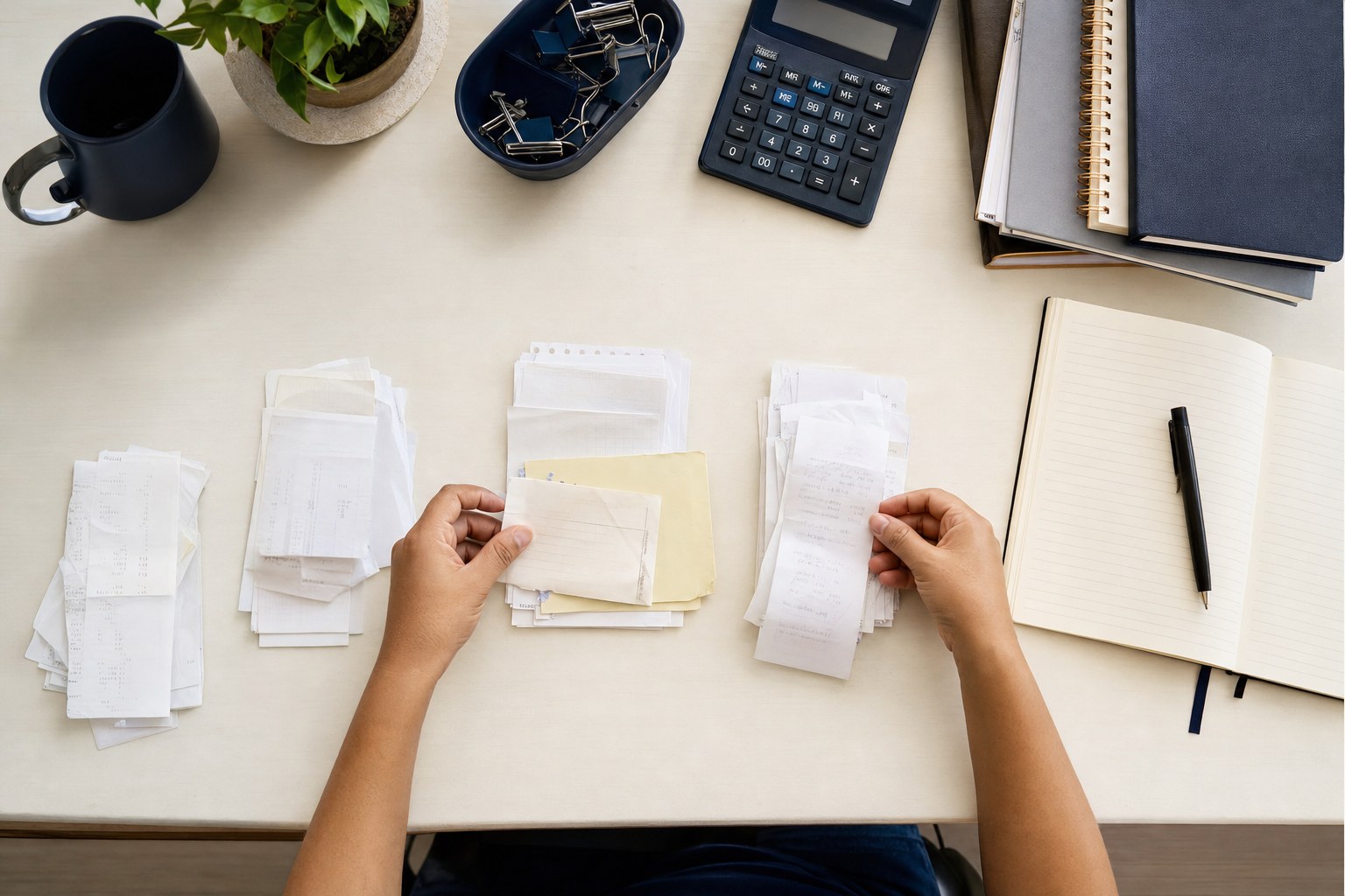 Small-business owner sorting receipts and records at a desk