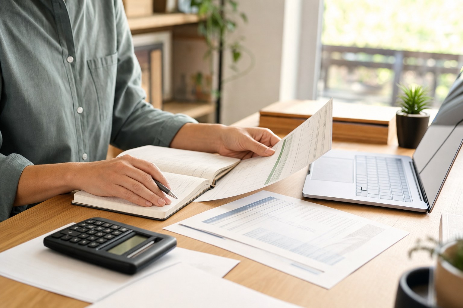 Small-business owner reviewing financial records at a desk