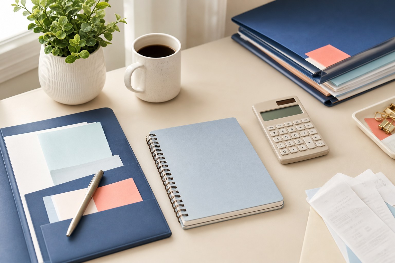 Organized desk with bookkeeping folders and a calculator