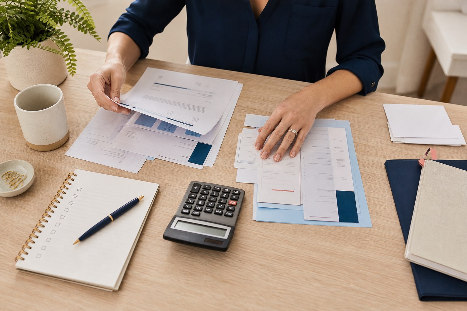 Business owner organizing monthly bookkeeping documents