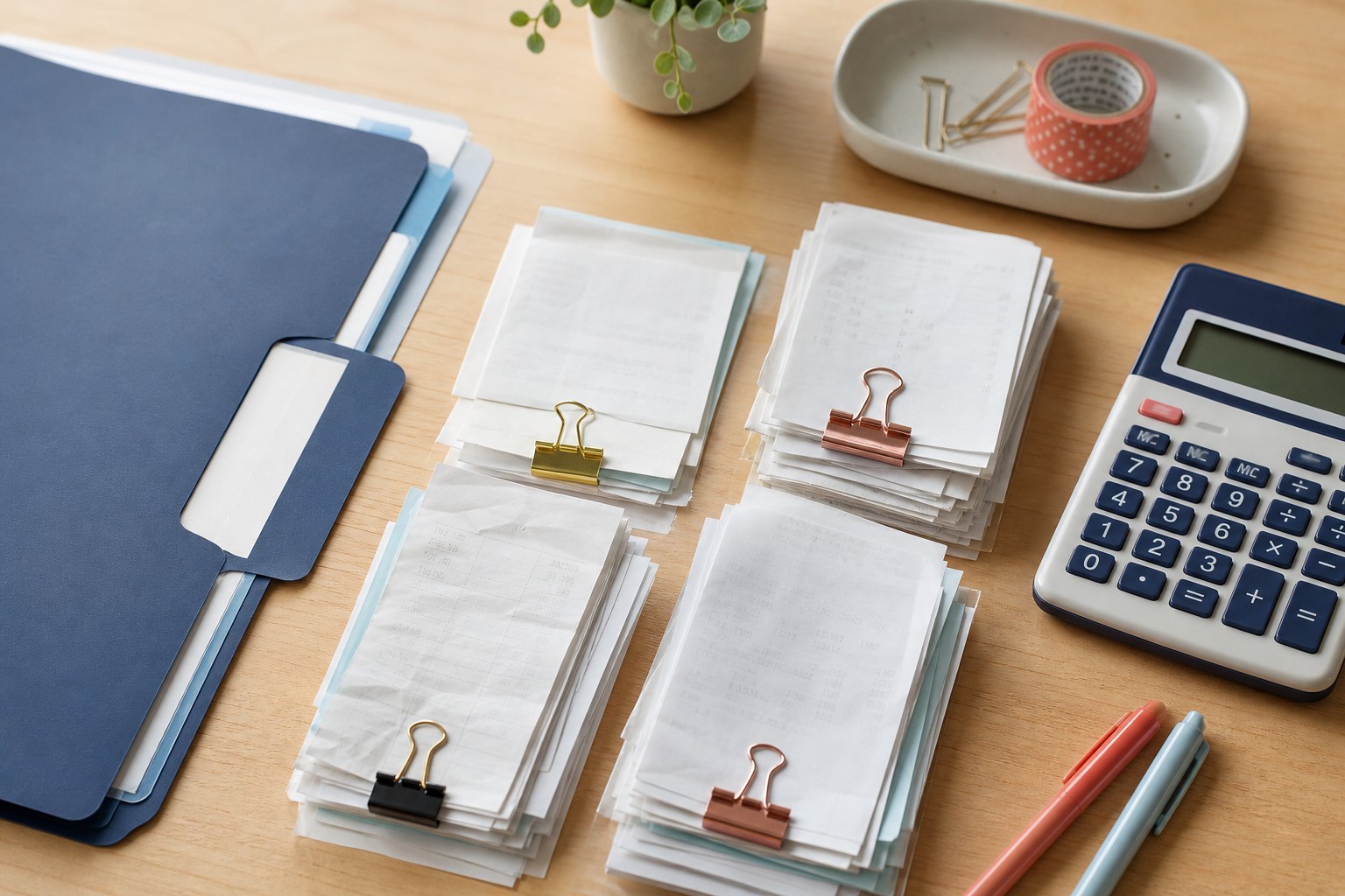 Receipts and records sorted into organized groups for bookkeeping