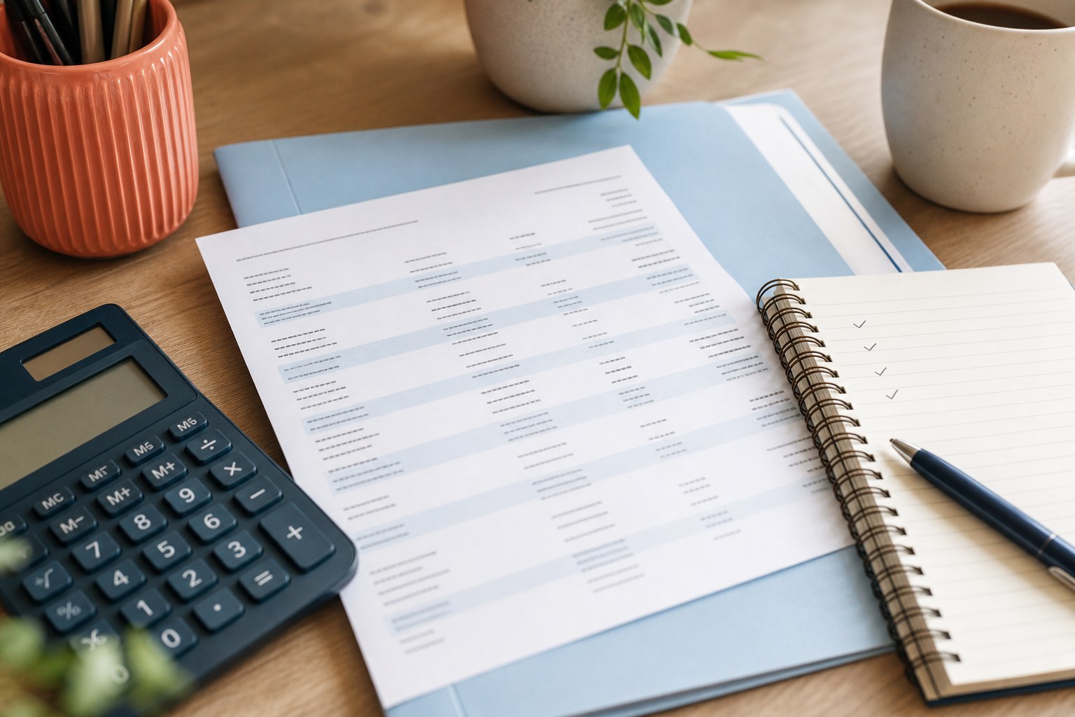 Calculator, statement, and checked notebook used to reconcile business accounts