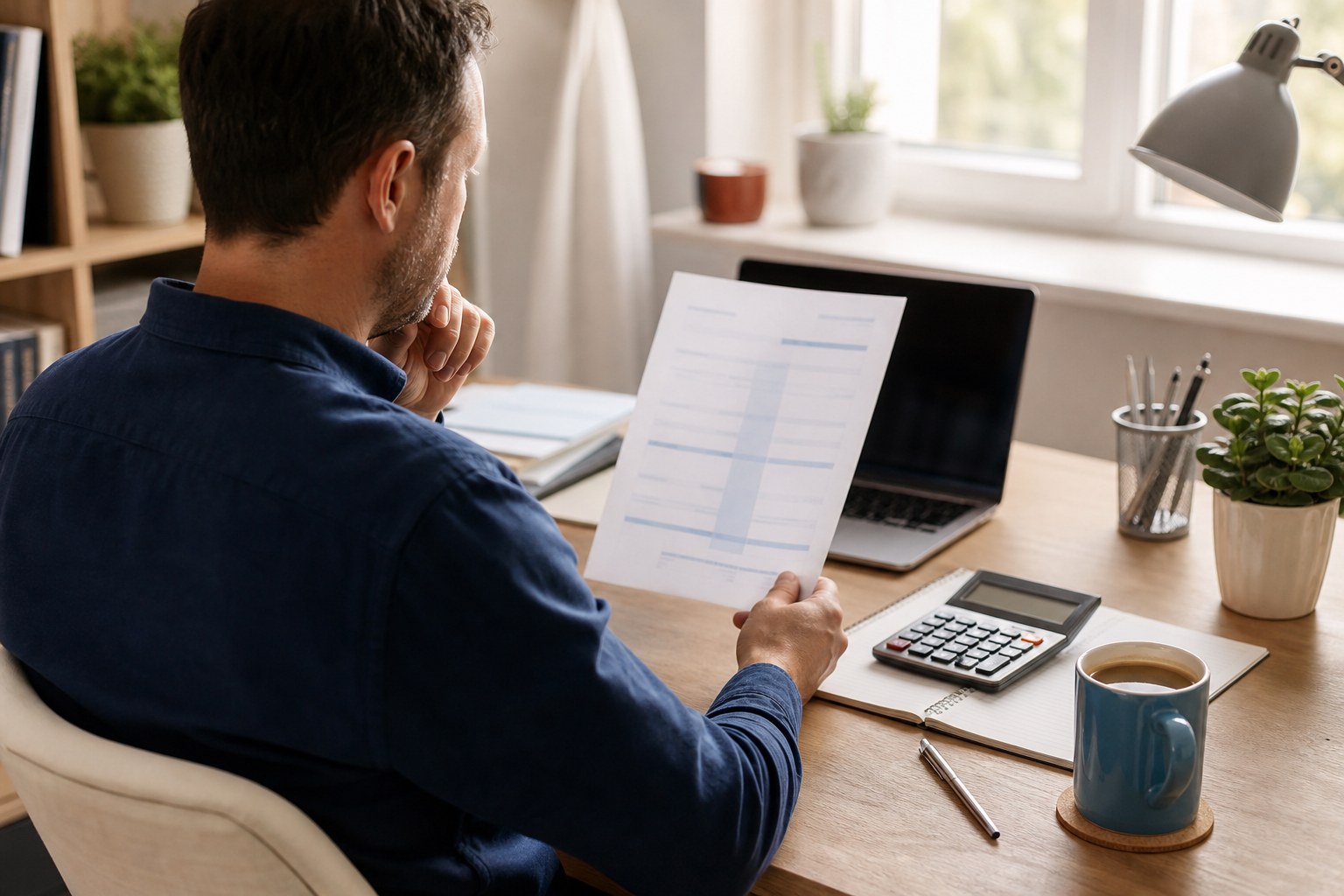 Business owner reviewing a monthly financial report at a desk