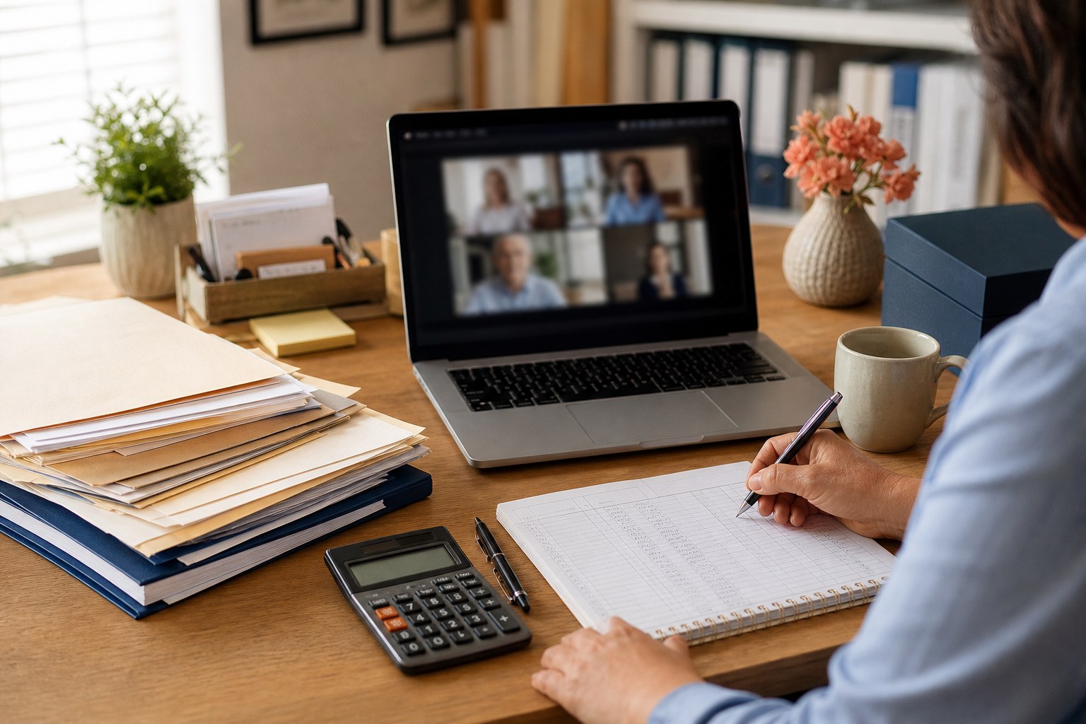 Remote bookkeeping check-in at an organized desk