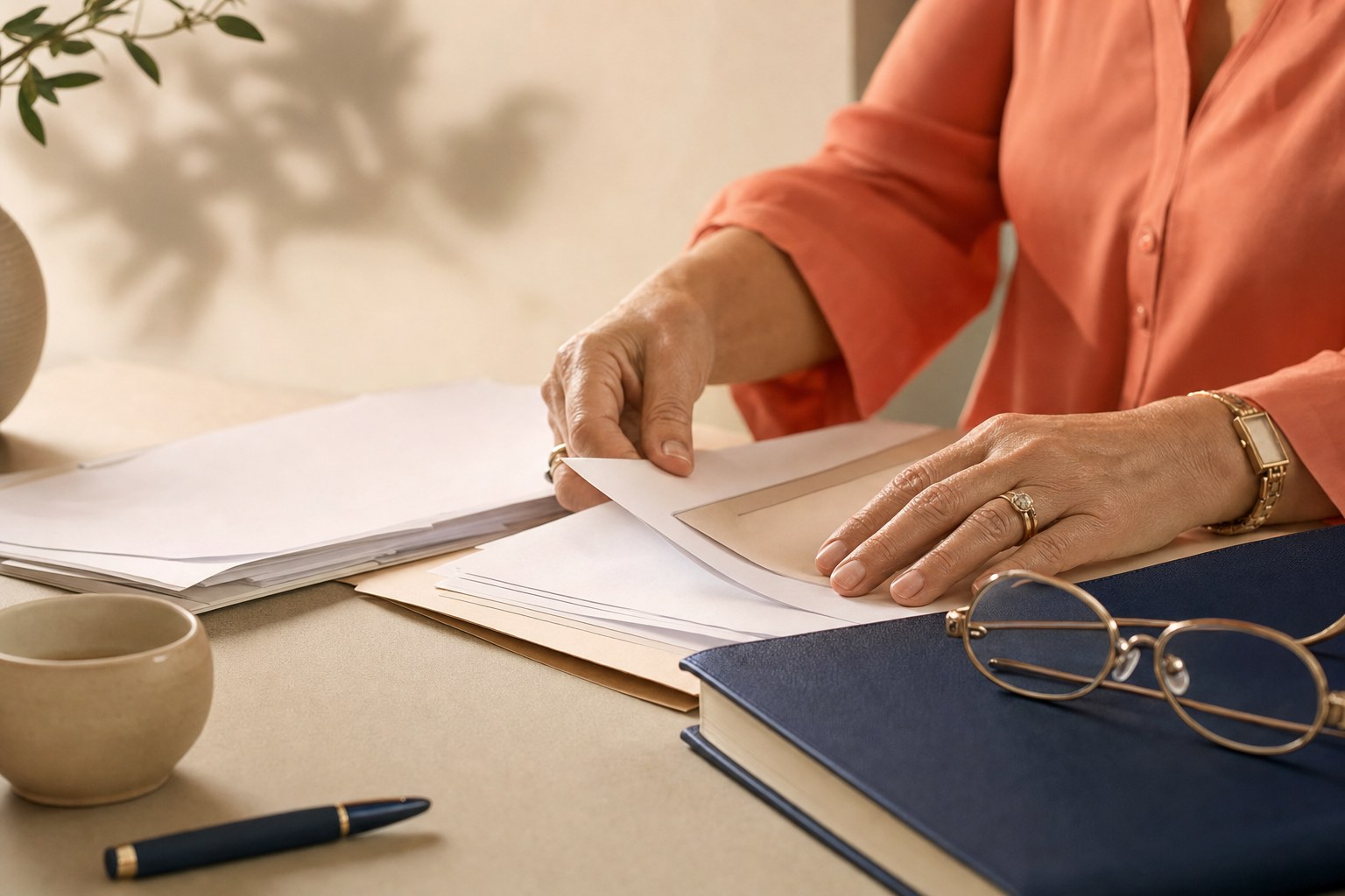 Careful hands organizing financial papers on a desk