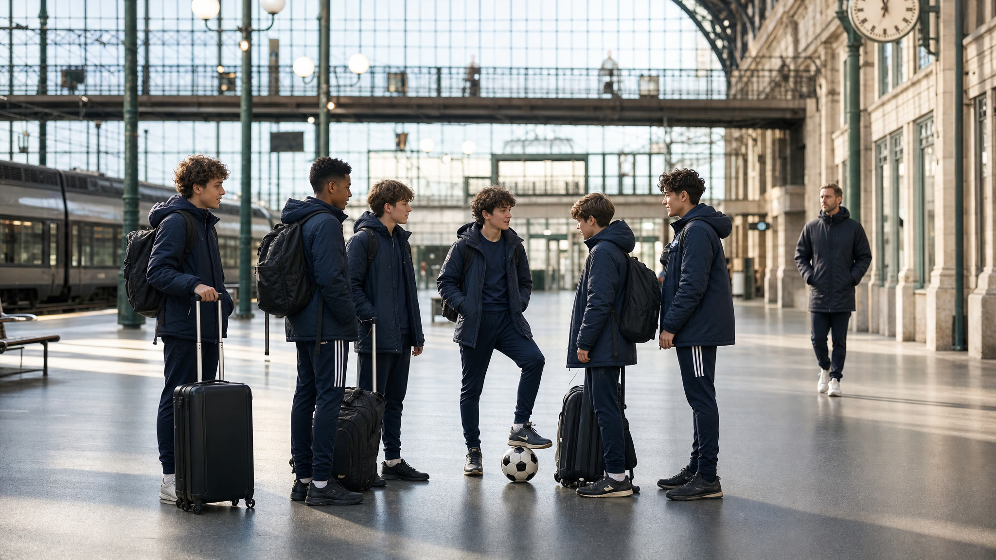 Youth soccer players with luggage at a European train station
