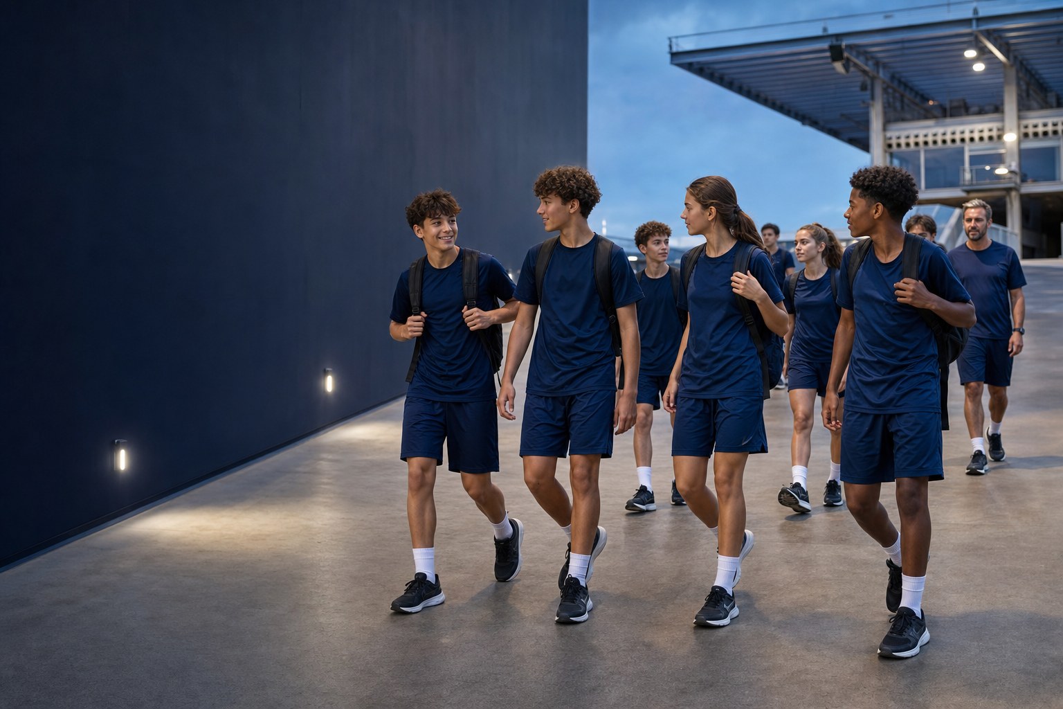Youth soccer team walking together at a European stadium
