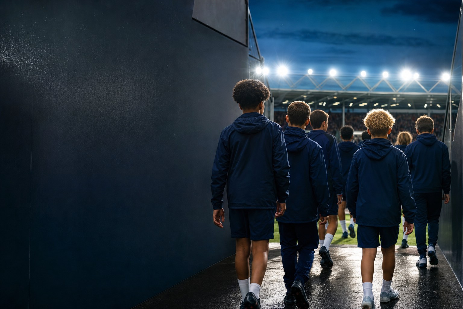Youth football team entering a UK stadium