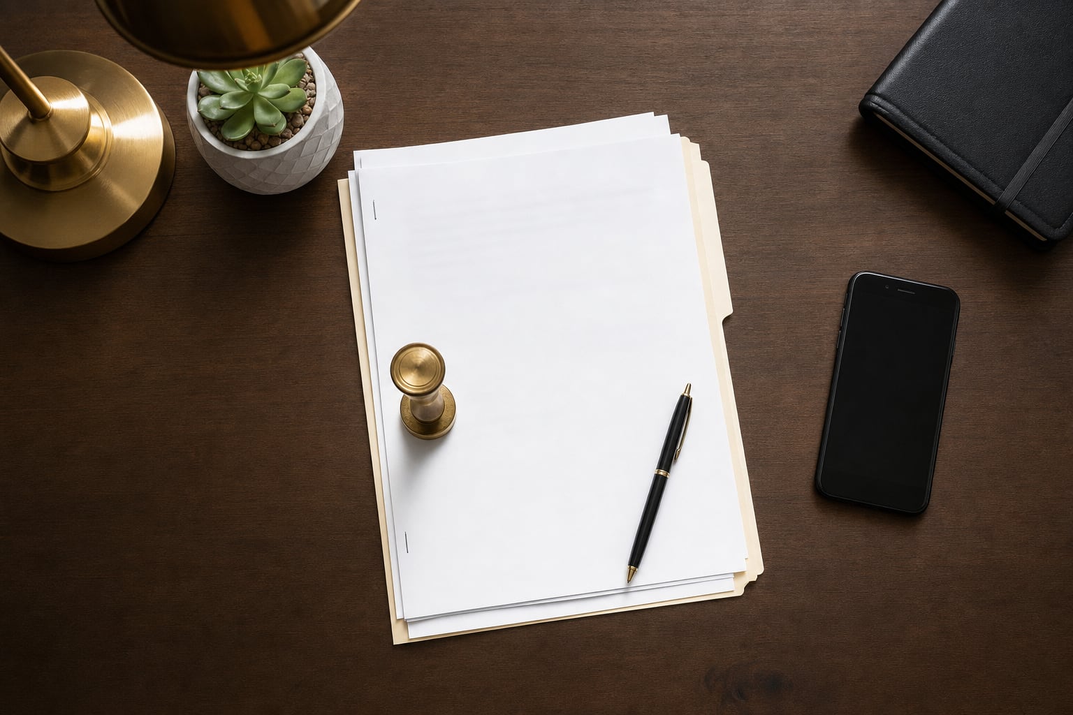 Documents, pen, phone, and notary stamp arranged on a desk