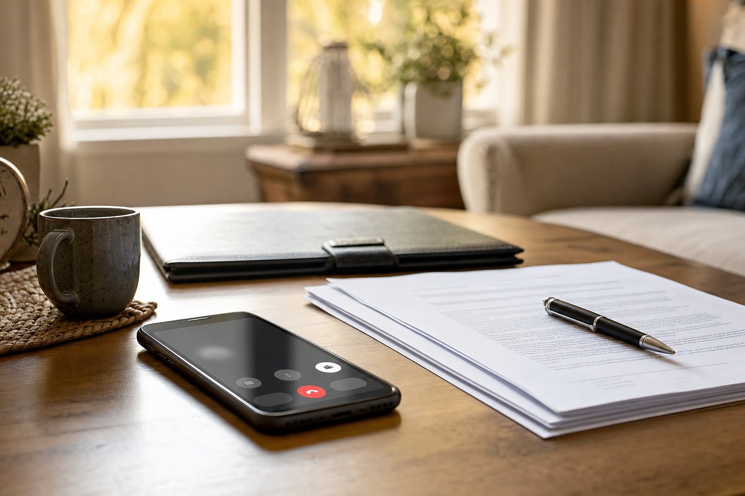Phone call beside organized documents and a folder on a home table
