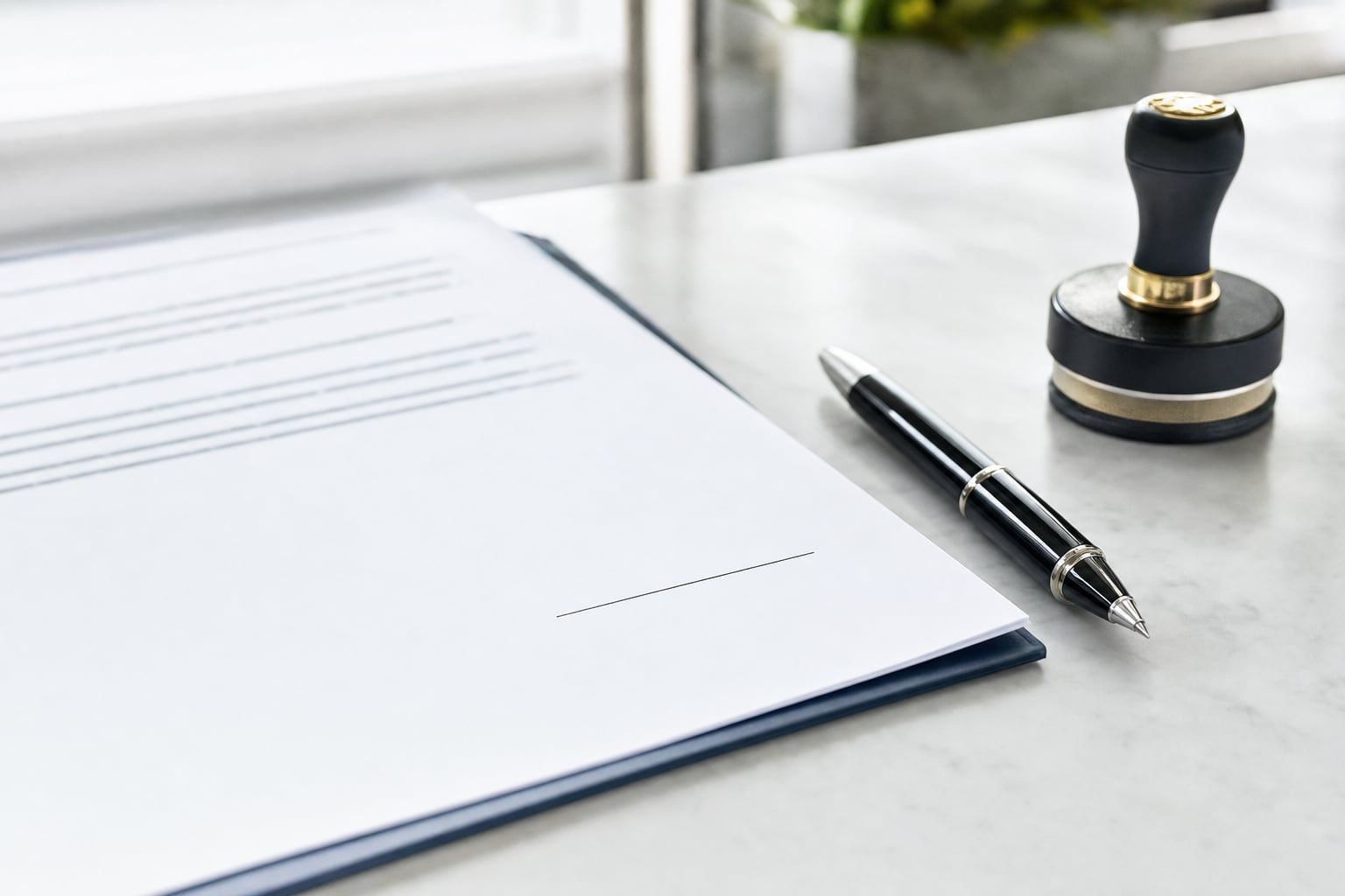 Unsigned document with a blank signature line, pen, and notary stamp