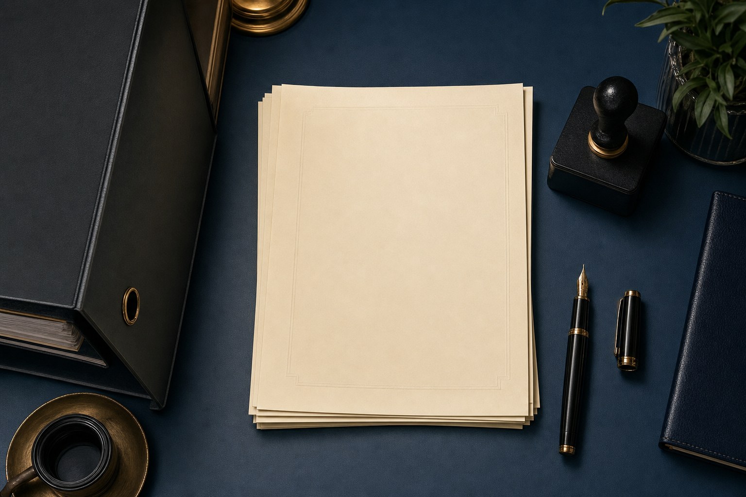 Documents, folder, pen, and embossing seal arranged on a dark blue desk