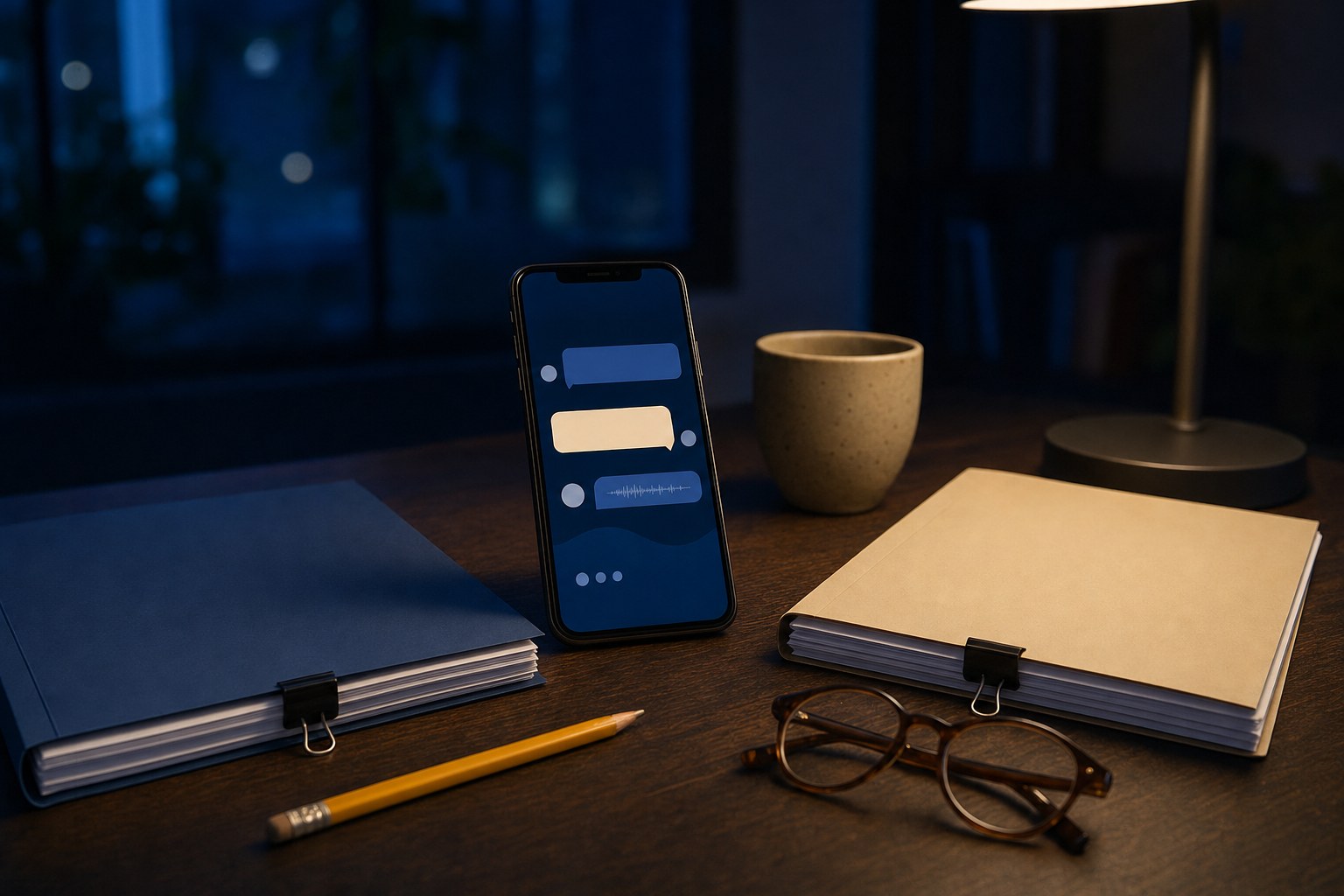 Documents, phone, glasses, and stationery arranged on a desk