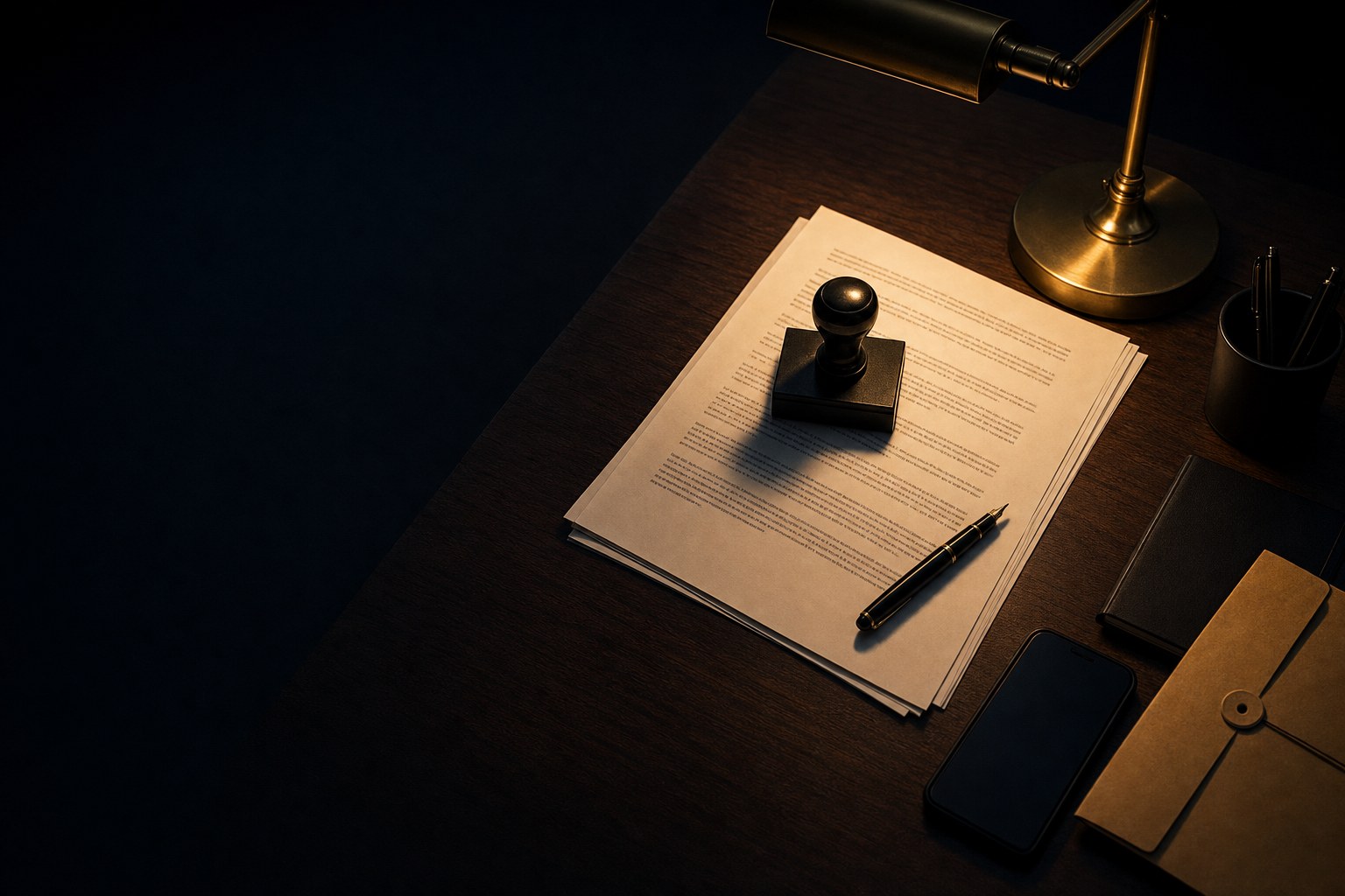 Notary stamp, documents, phone, and desk lamp on a dark walnut desk