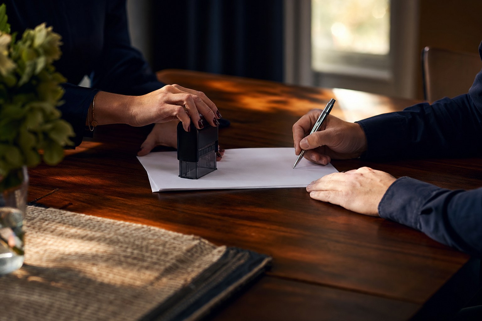Hands preparing documents and a notary stamp at a home table