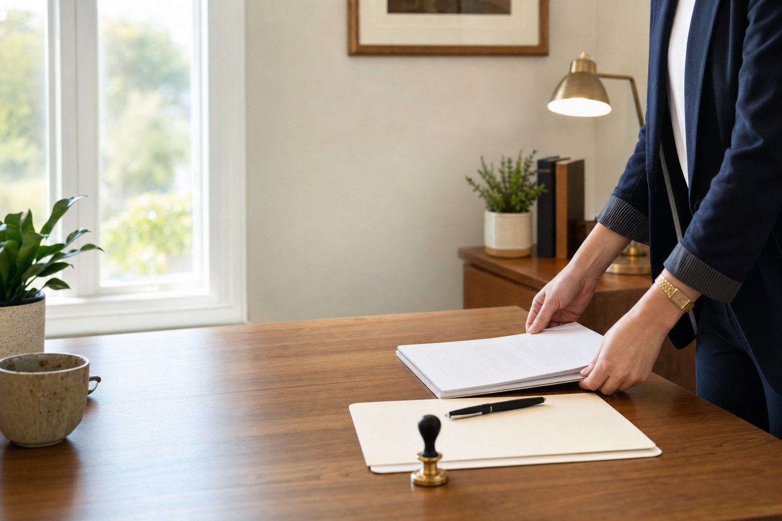 Documents being prepared for a mobile notary appointment at a home office table