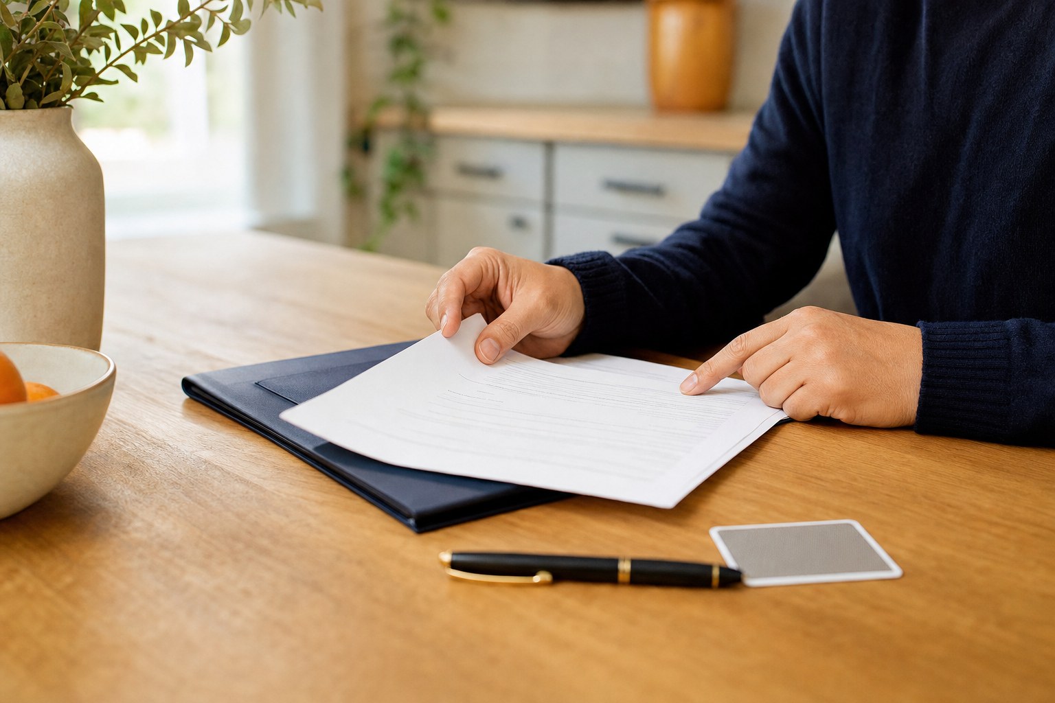 Person reviewing a document and identification before a mobile notary appointment