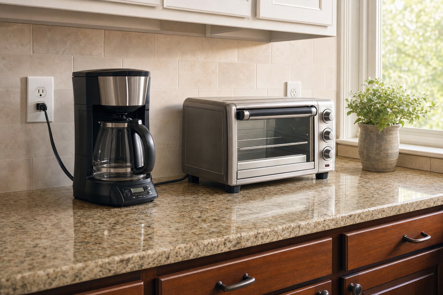 Kitchen counter with a coffee maker and toaster oven plugged into separate outlets