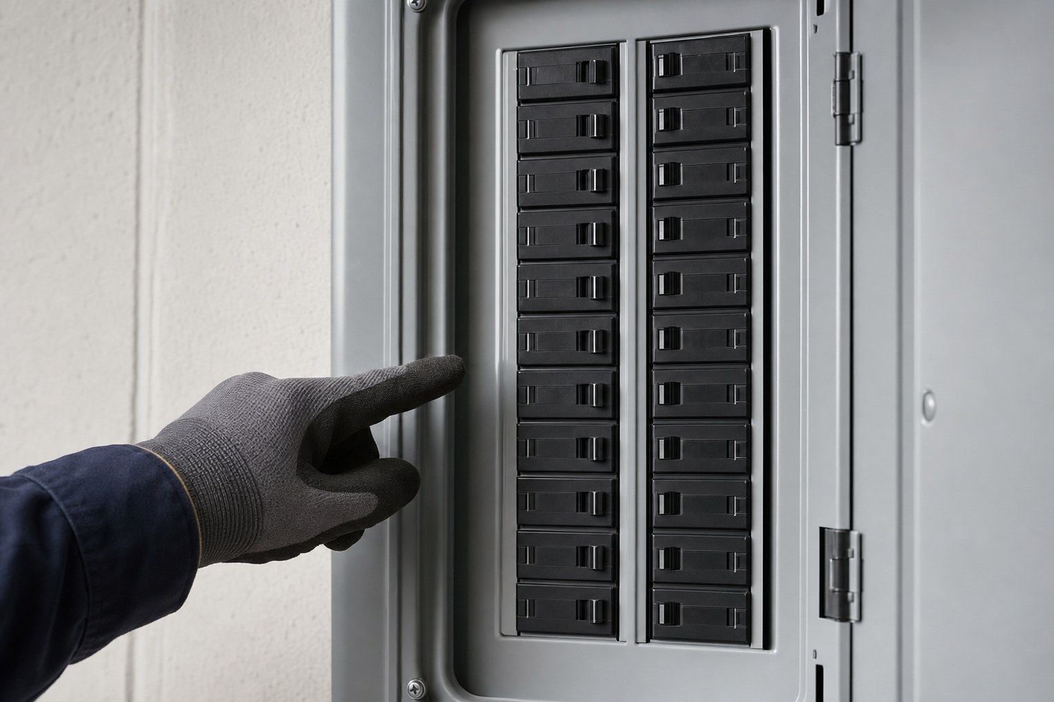 Close view of a residential breaker panel with a gloved hand nearby
