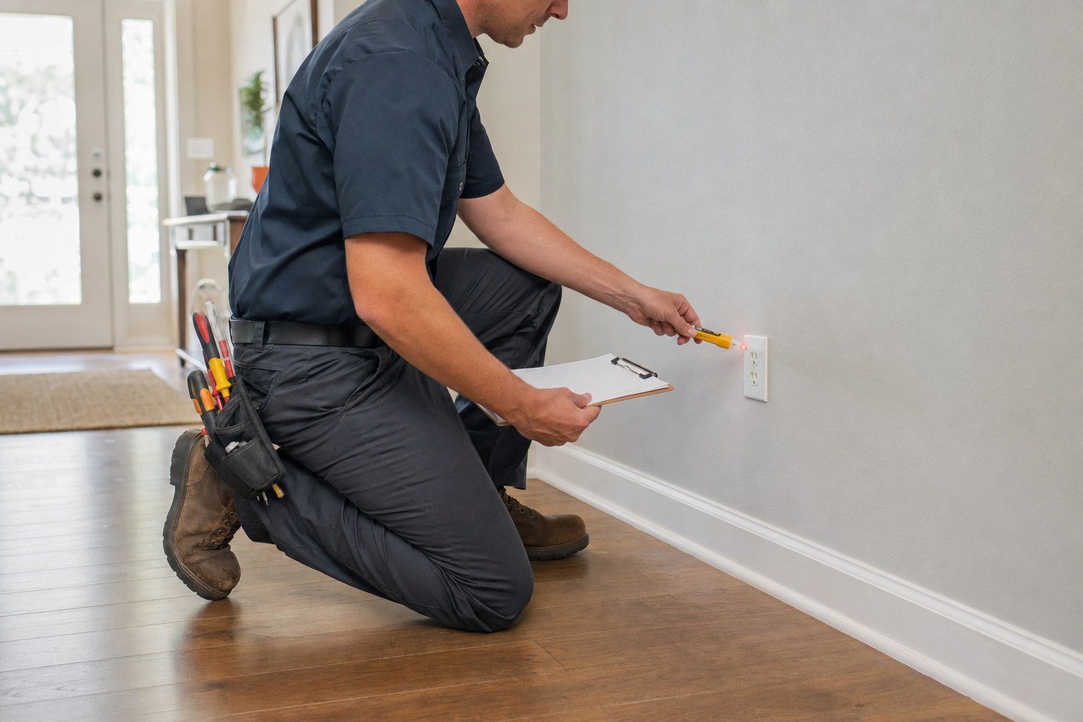 Electrician using a tester at a wall outlet during a home troubleshooting visit