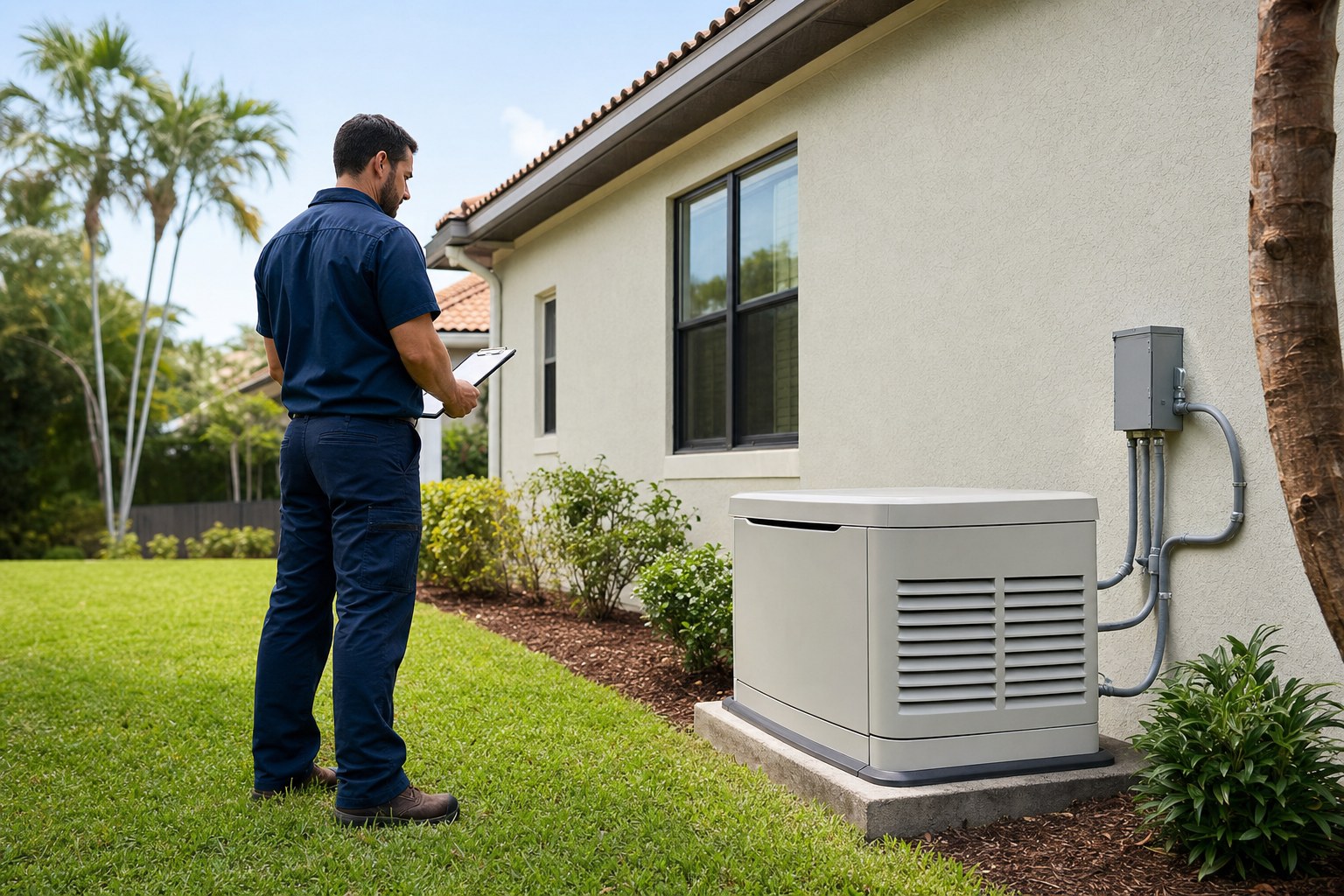 Electrician reviewing a standby generator installation at a Florida home