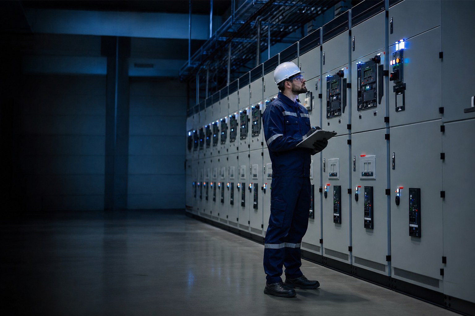 Electrician working carefully on electrical equipment