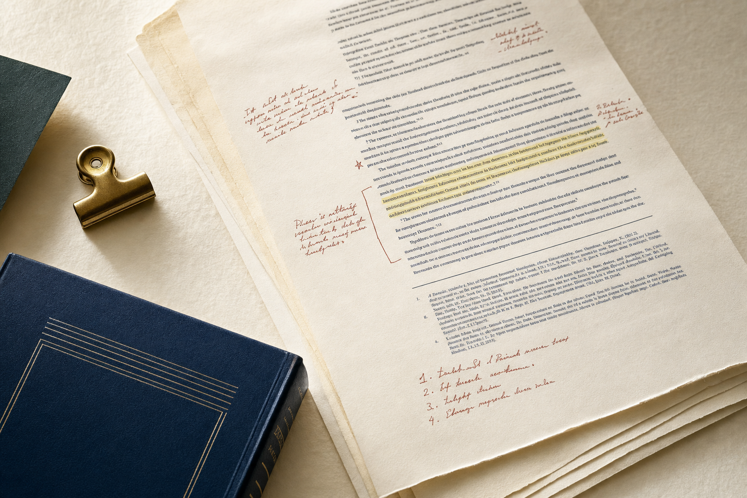 Annotated academic manuscript with a citation book and paper clip