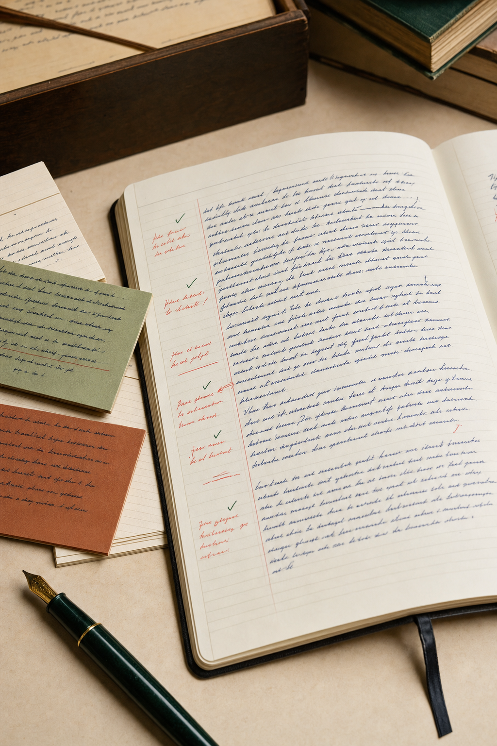 Open notebook with careful handwritten draft notes