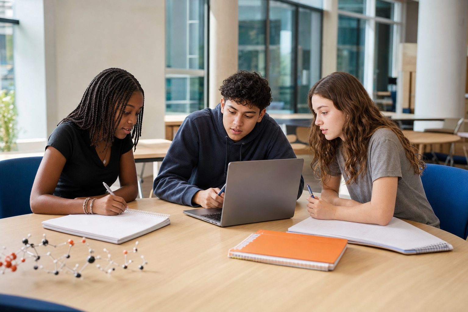 Three teenage students collaborating on a science assignment