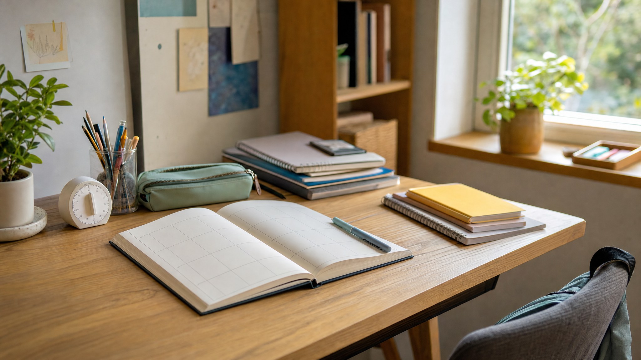 Organized study desk with a planner, notebooks, pencils, and timer