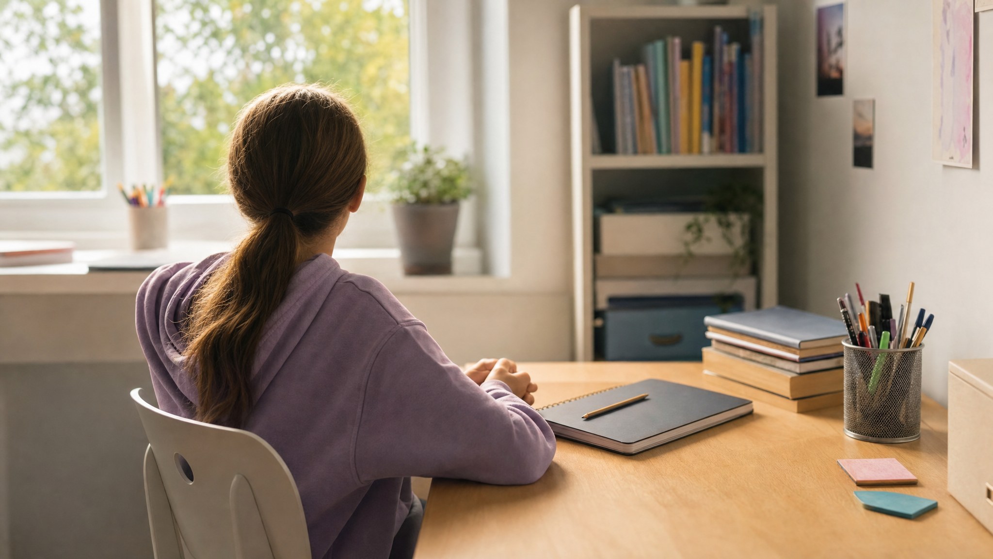 Student taking a calm pause at a study desk before a test