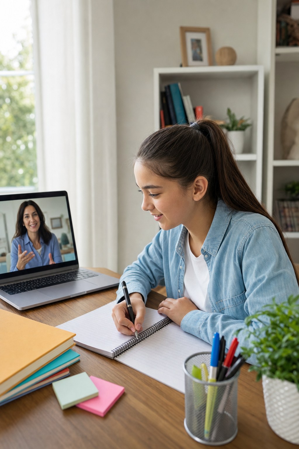 Student planning schoolwork with online support