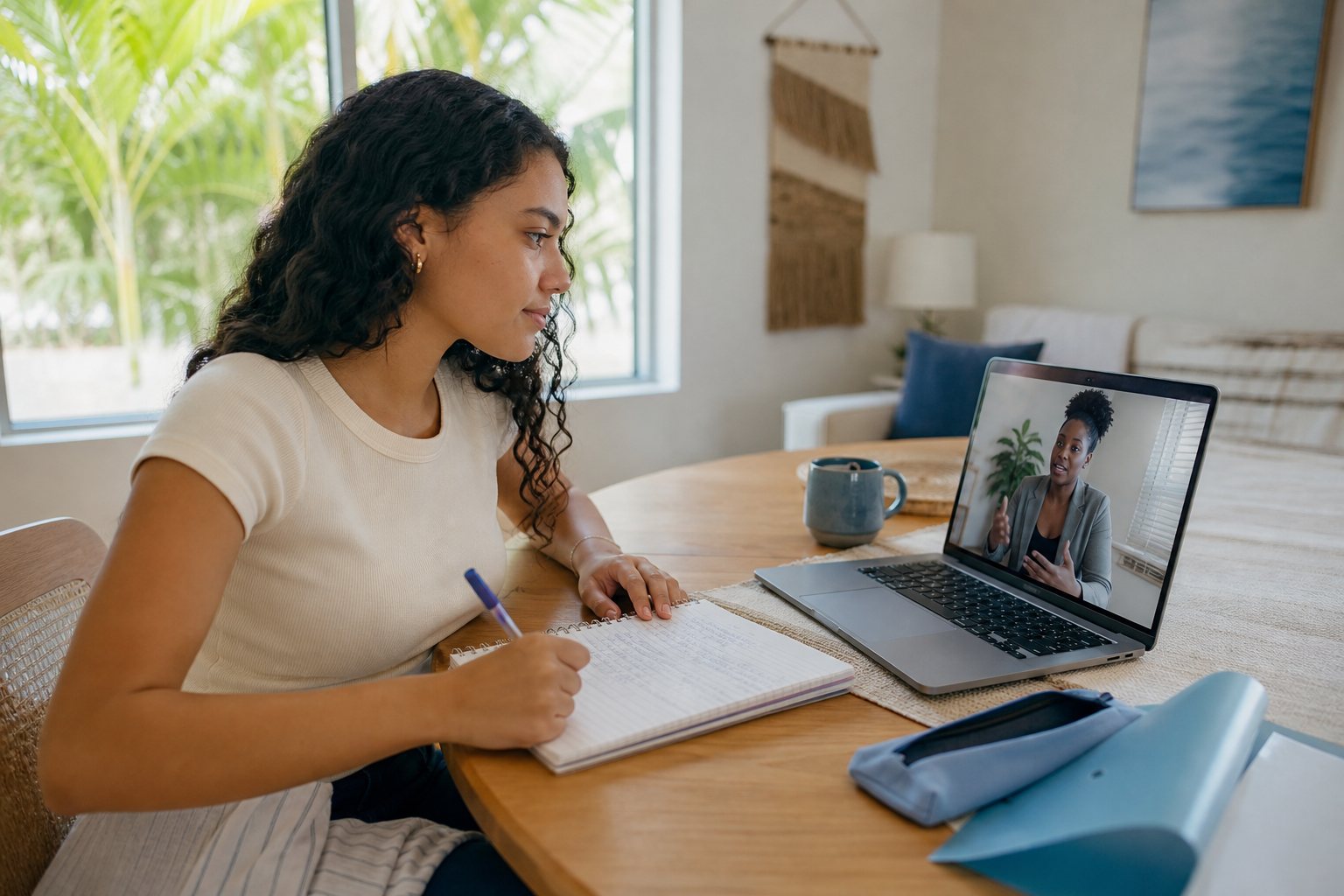 High school student working with an educator in an online lesson